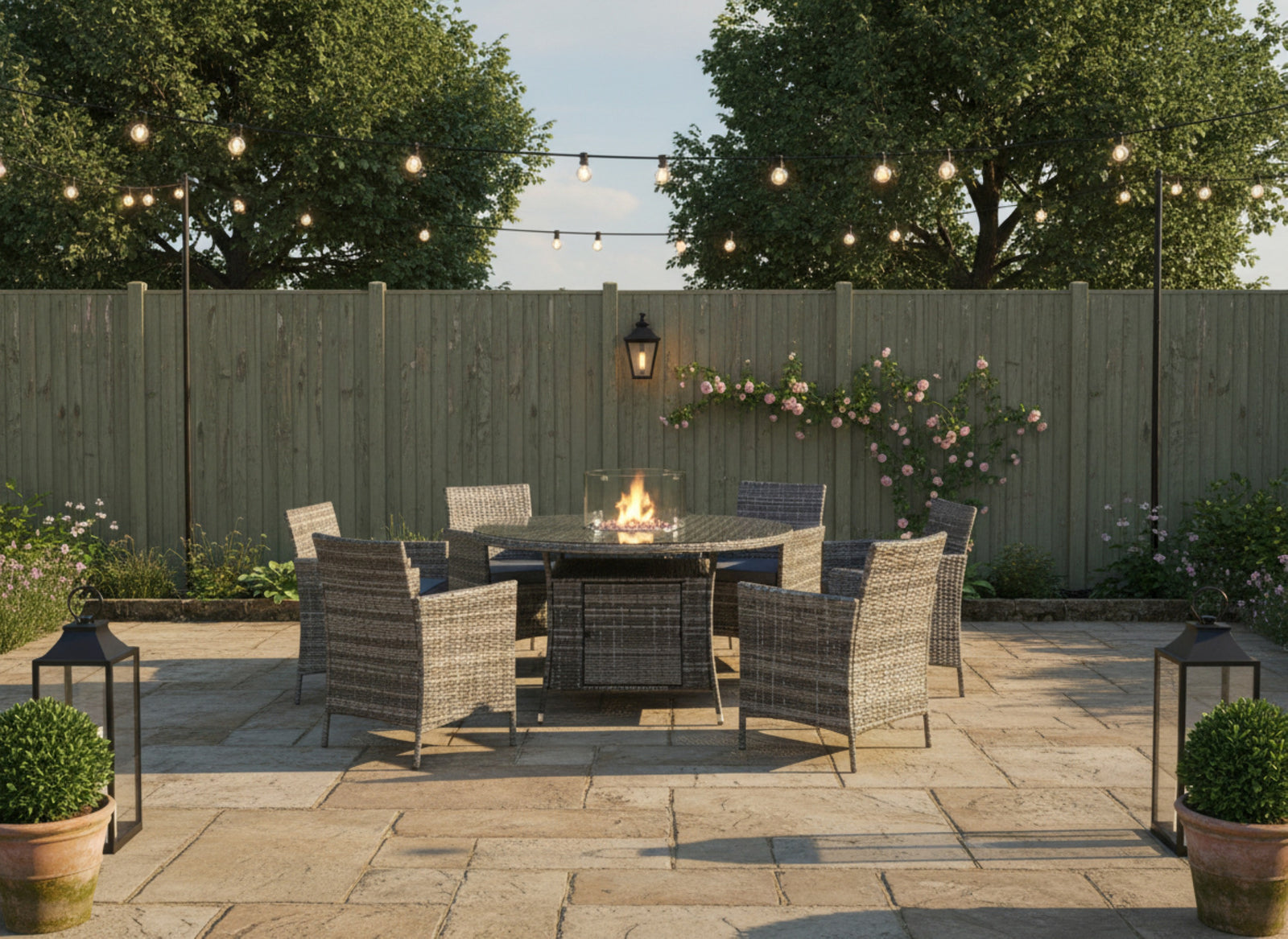 Amazon Rattan Fire Pit Dining Set - Round Table With Chairs | 6 Chairs | Grey