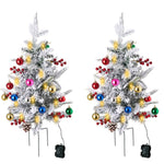 Set Of 2 Led Snow Flocked Christmas Trees,artificial Pine With Red Berries, Baubles & Pinecones, 8 Lighting Modes, Timer Function