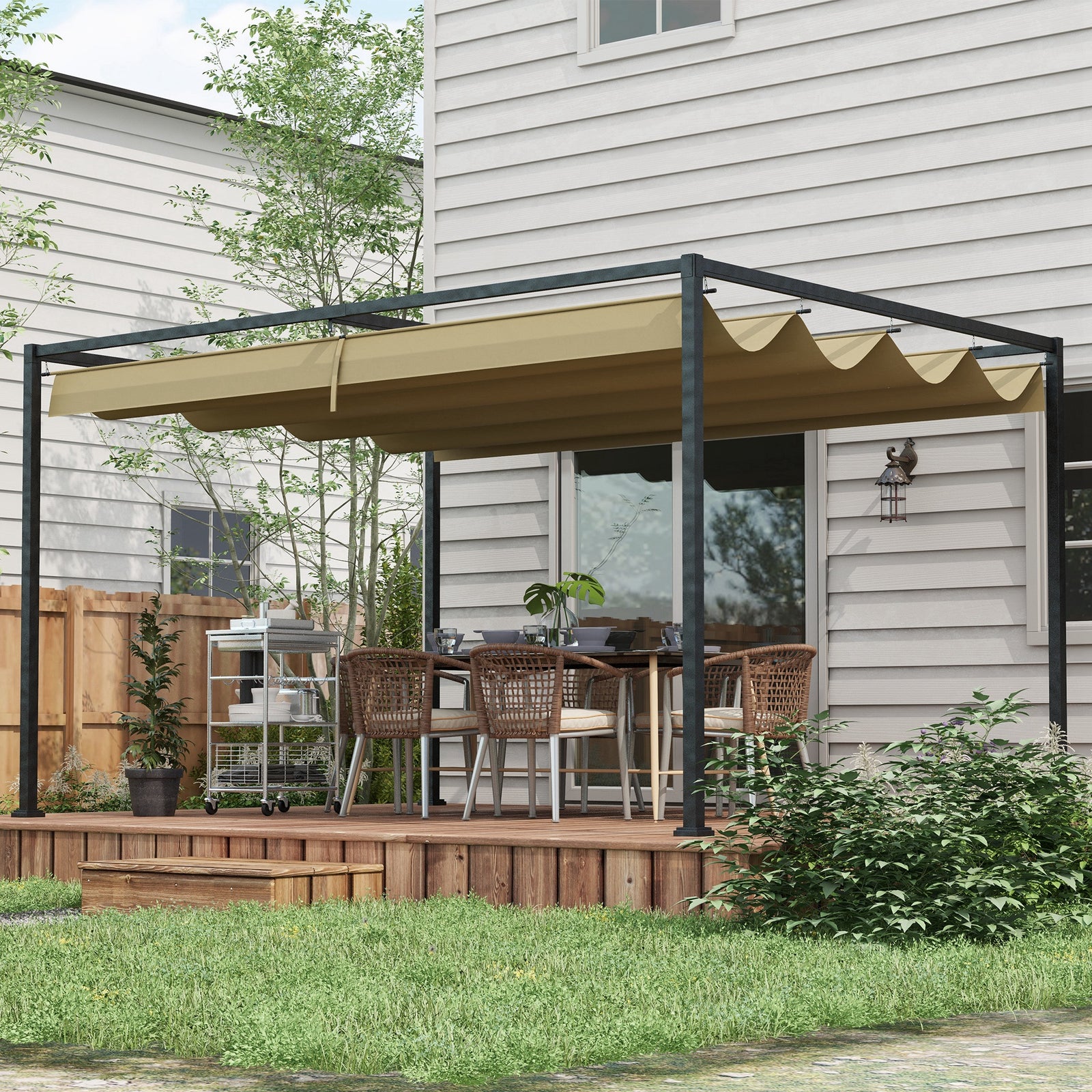 Metal Pergola Gazebo Patio Sun Shelter Retractable Canopy | Large | Khaki