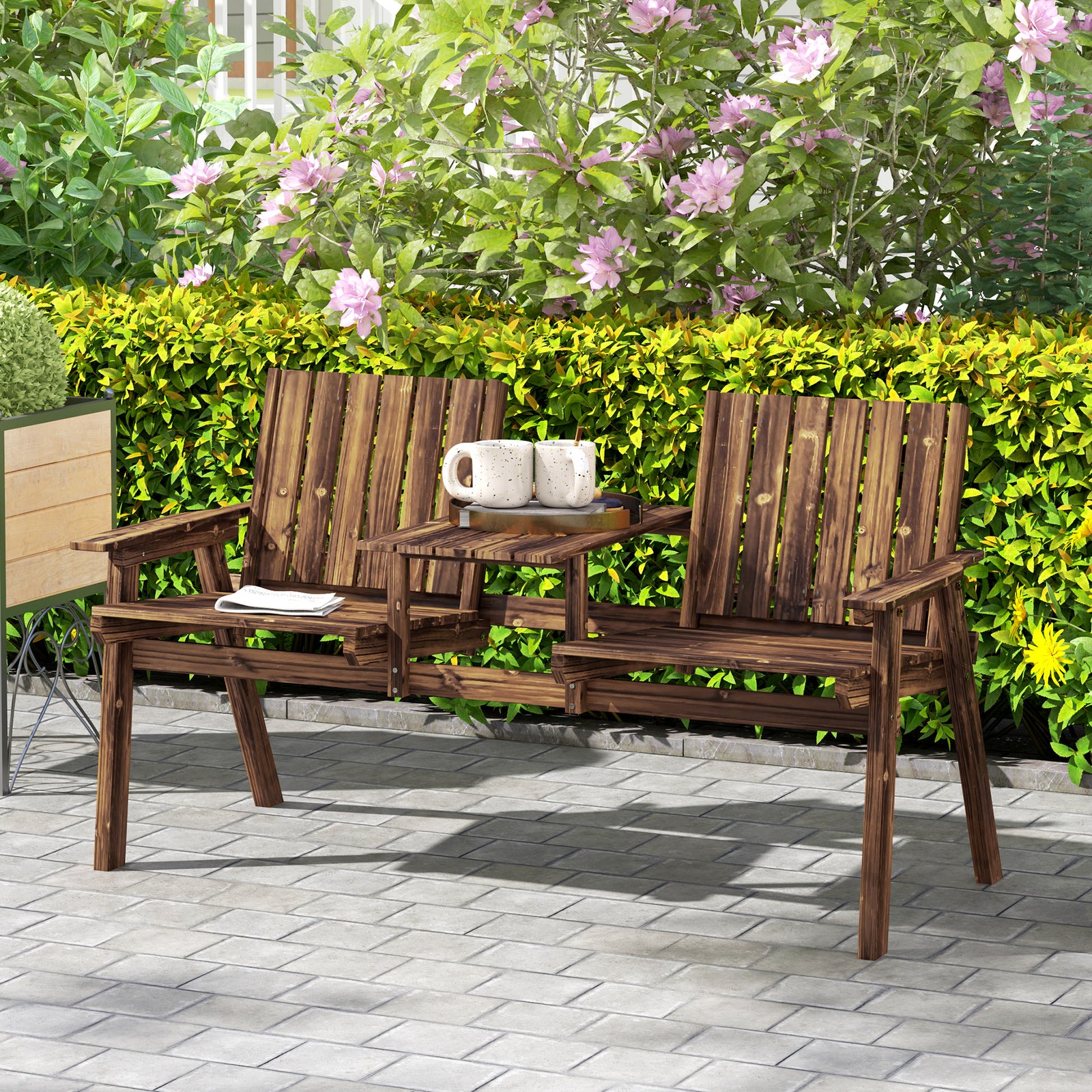 2-seater Wooden Garden Bench With Armrest, Carbonised Finish