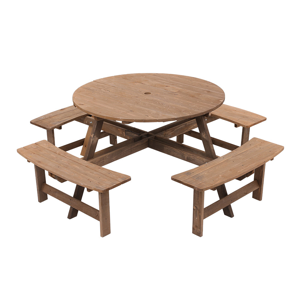 8 Seater Round Wood Picnic Table And Bench Set