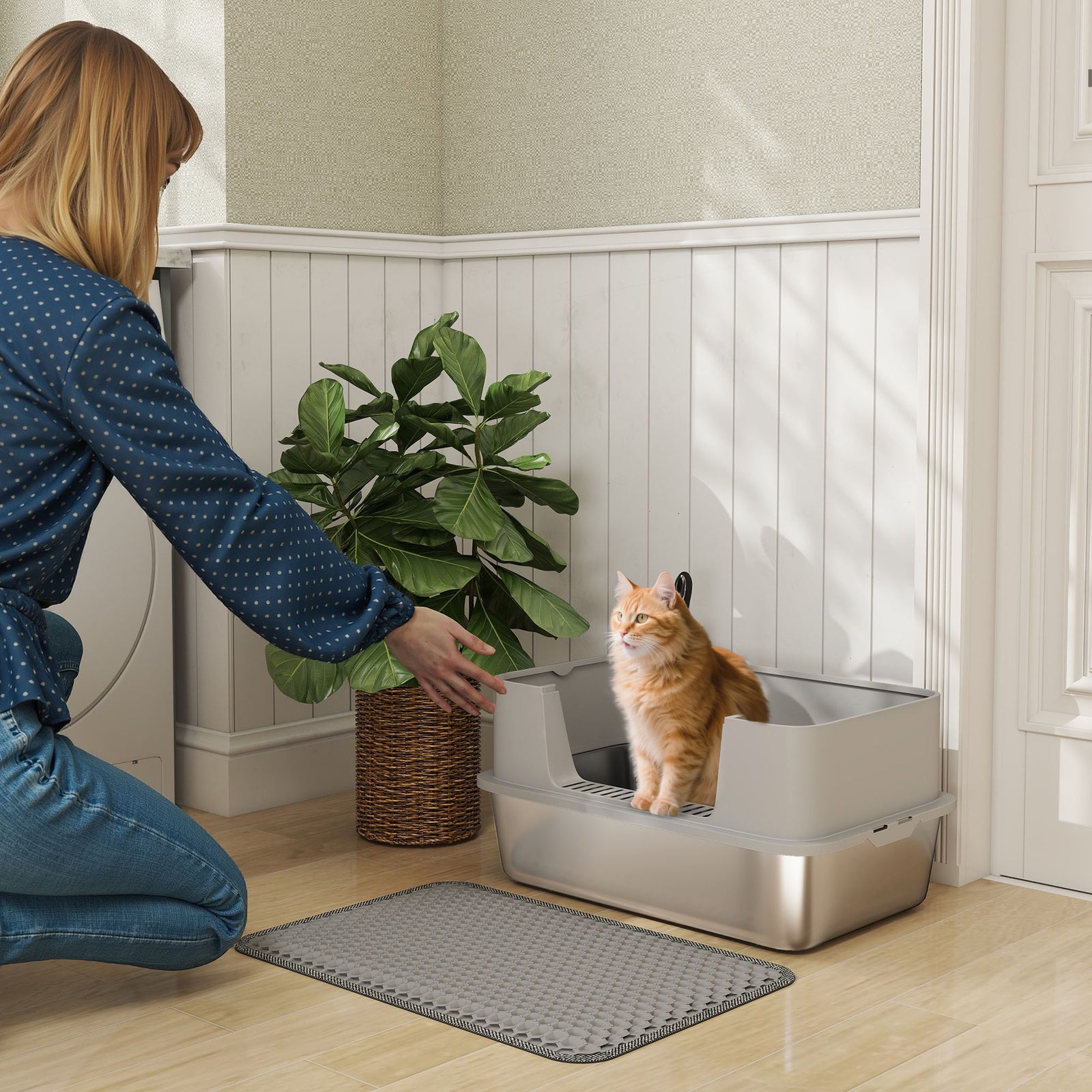 Stainless Steel Litter Box With Scoop, High Sided Cat Litter Tray