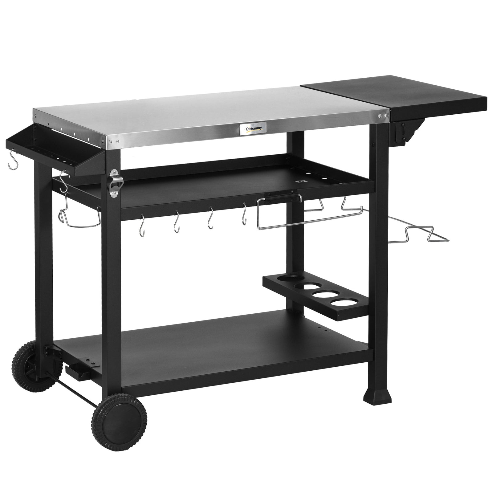 Outdoor Grill Cart, Foldable Table, 2 Wheels | Black