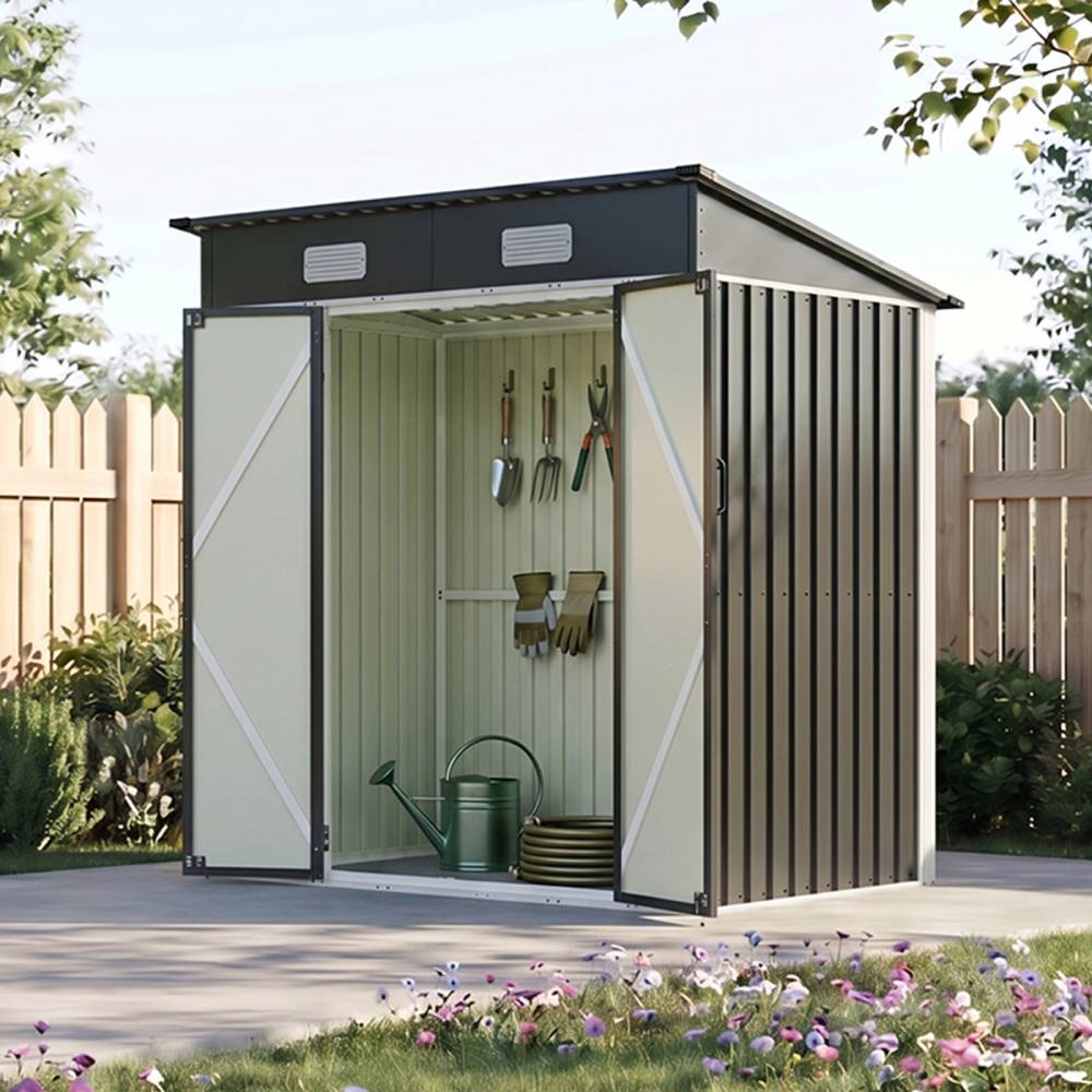 Breeins 6x4ft Lockable Metal Outdoor Storage Shed with Pent Roof, Double Hinge Doors & Air Vents, Weather-Resistant Garden Tool Storage House