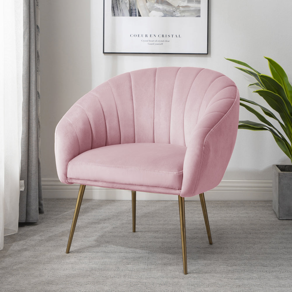 Helena 74cm Wide Shell Back Velvet Fabric Accent Chair With Brass Coloured Steel Legs | Pink
