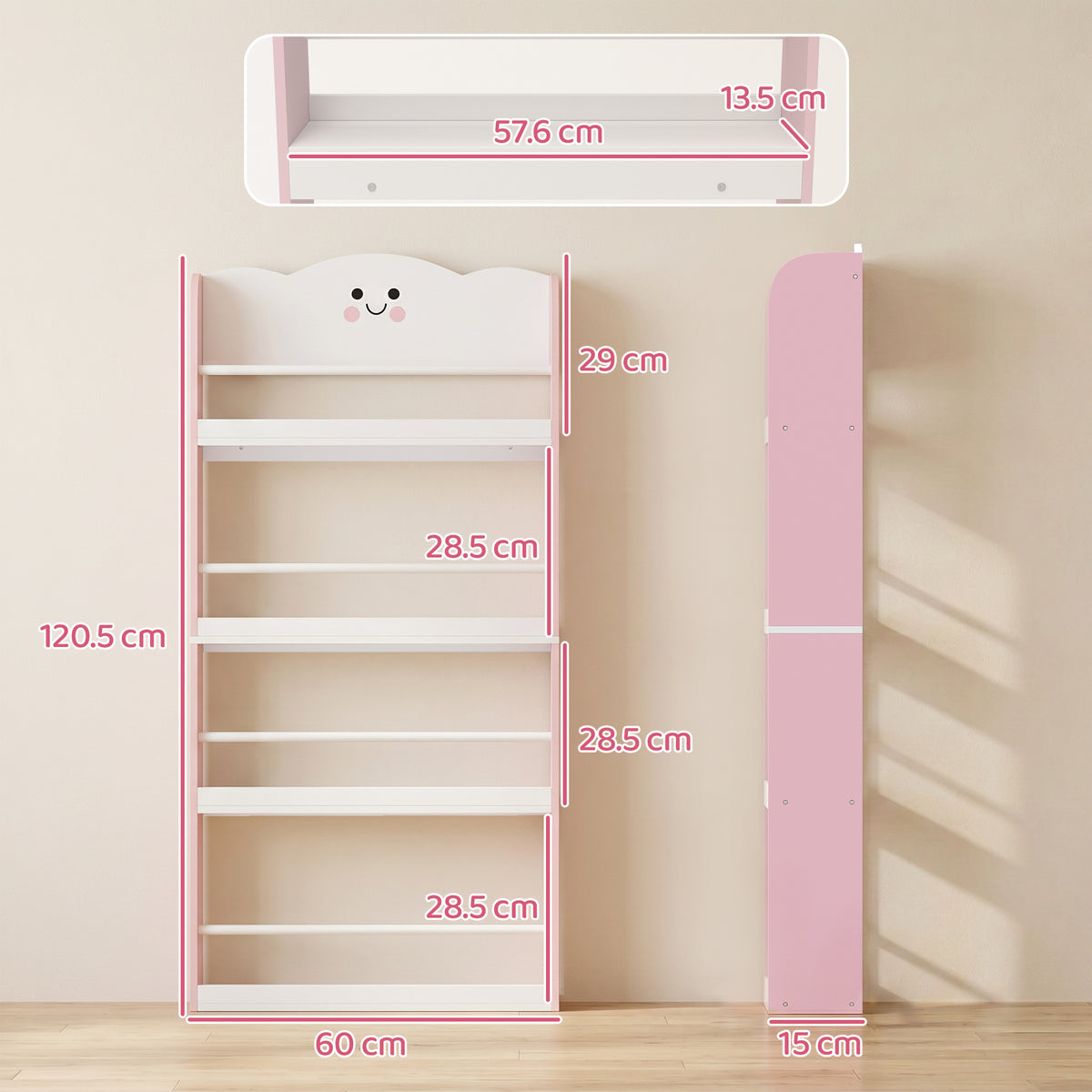 AIYAPLAY Kids Bookshelf Bookcase With 4-tier Shelves For Living Room, Pink