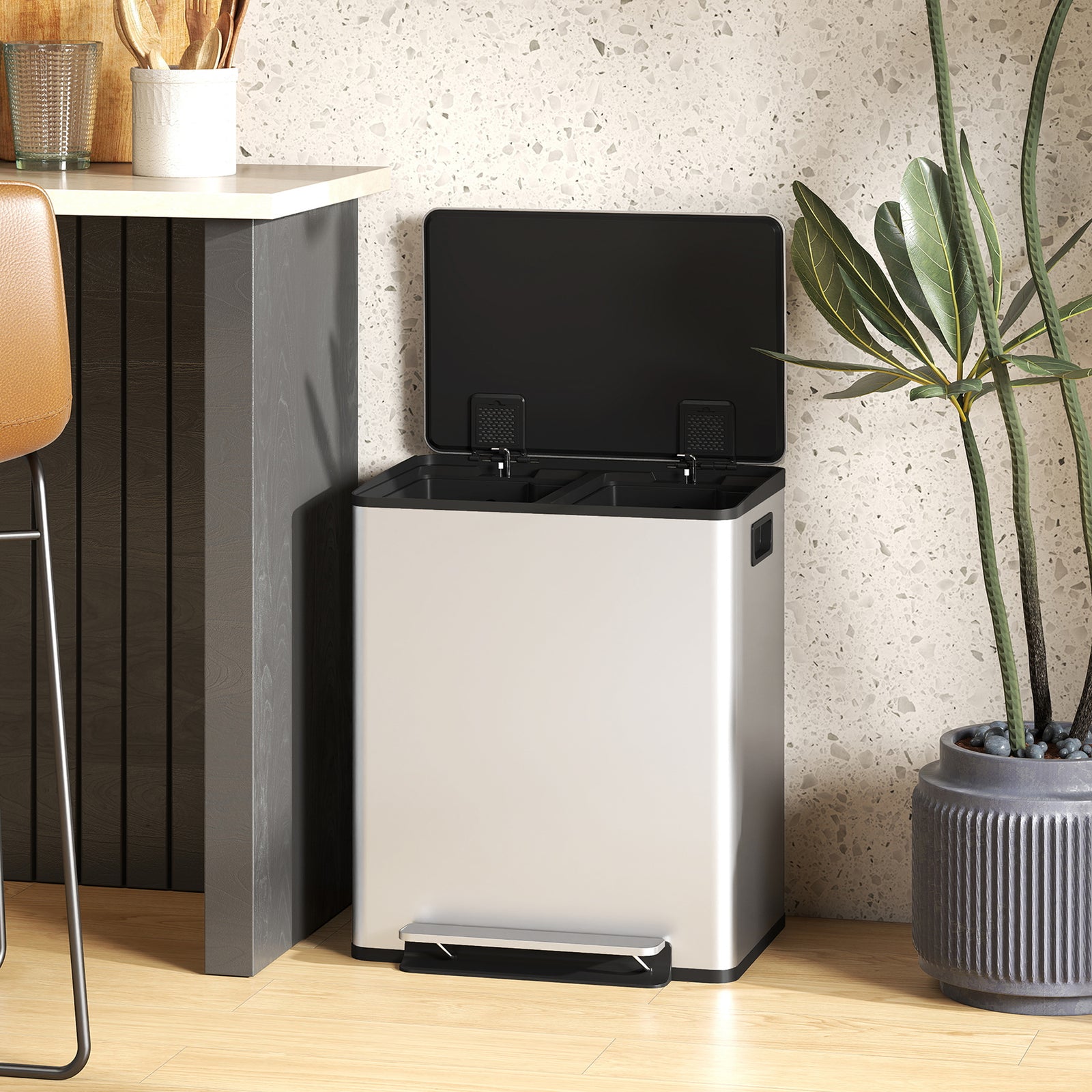 2 X 25l Double Kitchen Bin, Pedal Bin With Soft-close Lid | Silver
