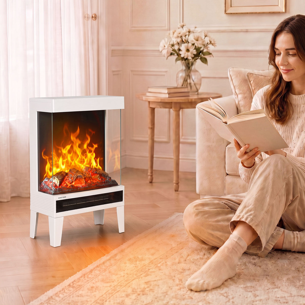 Freestanding Stove With Led Flame Effect, White