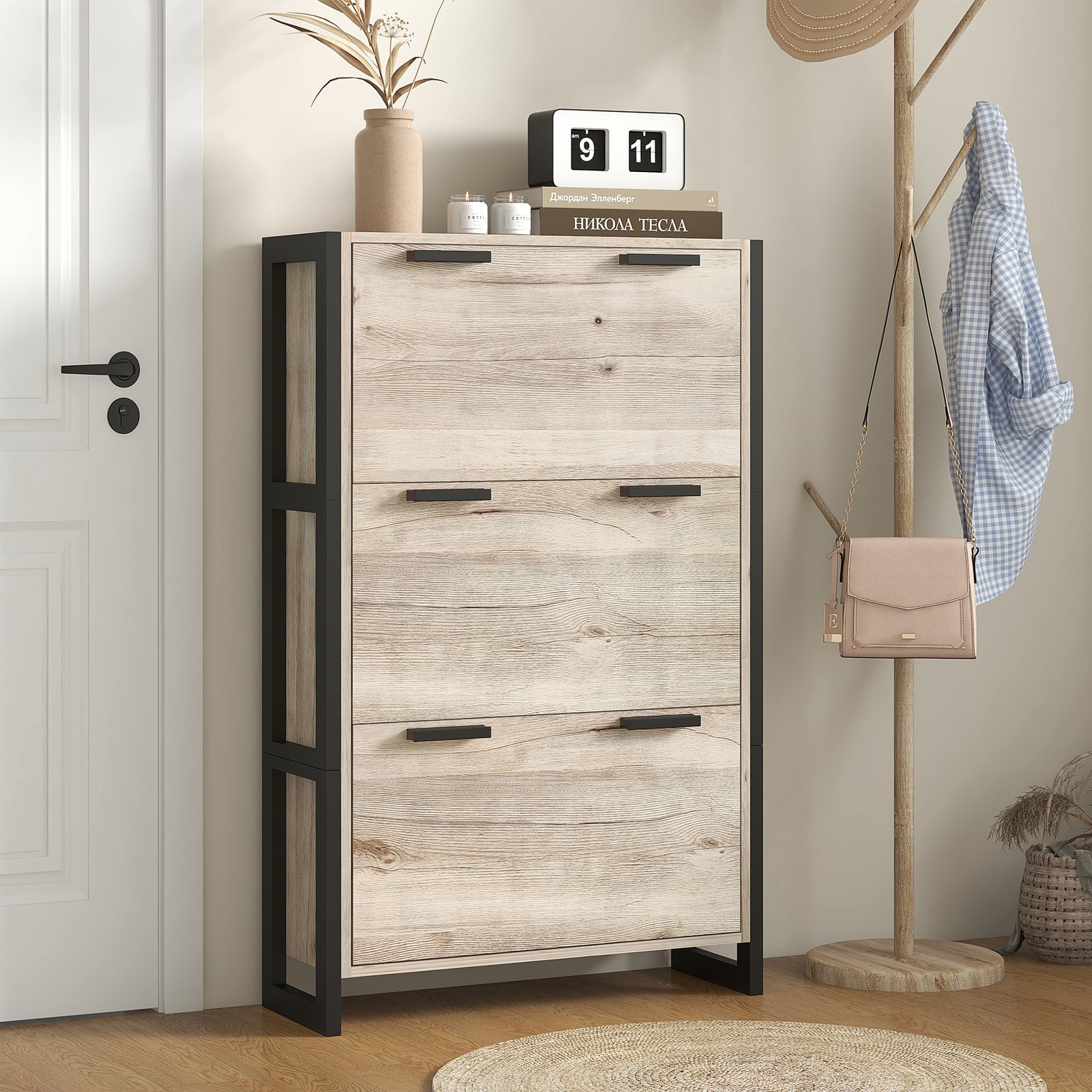 Entryway Shoe Cabinet With 3 Flip Drawers Adjustable Shelves