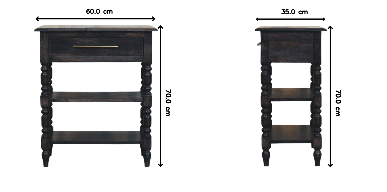 Heritage Turned-leg Side Table,1 Drawer, 2 Open Shelves, Dark brown