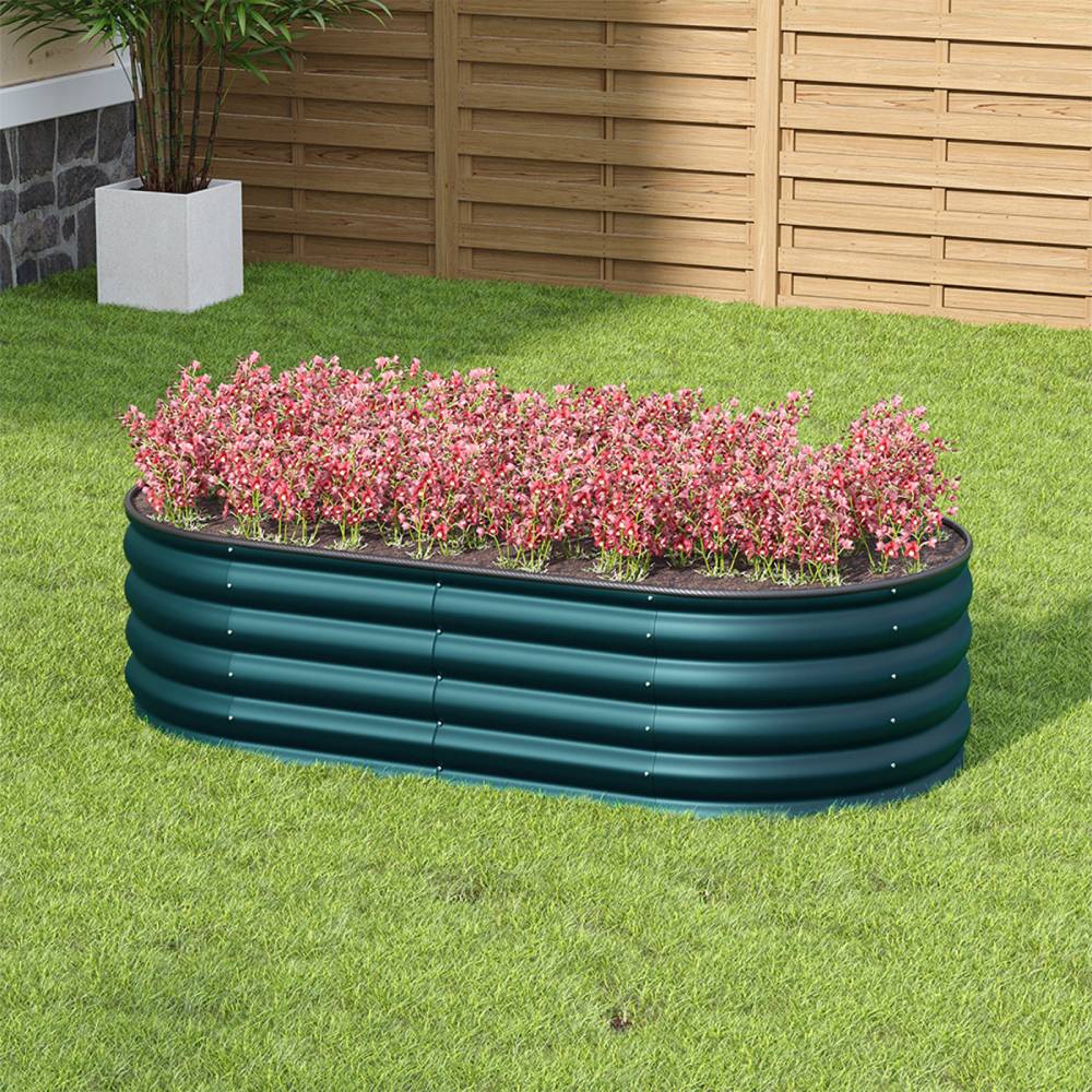 160/240cm W X 80cm D X 42cm H Green Raised Garden Bed With Safety Edging & Ground Stakes Oval-shaped Galvanised Steel Raised Garden Bed | Small | Dark Green