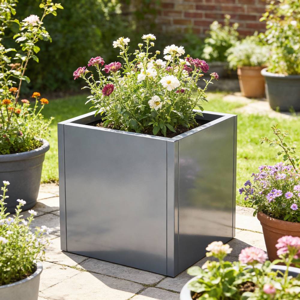 Zinc Galvanized Steel Planter Box With Drainage Hole –square Raised Planter Box Outdoor Balcony Garden Trough Pot | Small | Light Grey