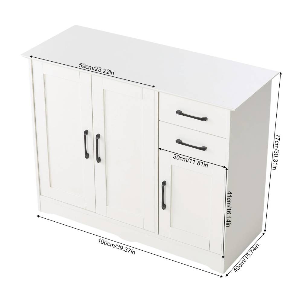 Modern White Sideboard With Black Handles, 2 Drawers & 2 Cabinets, Adjustable Shelves