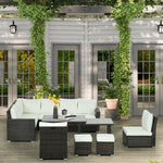 Sofa Sectional W/ Cushioned Seat, Footstools And Glass Table | Cream