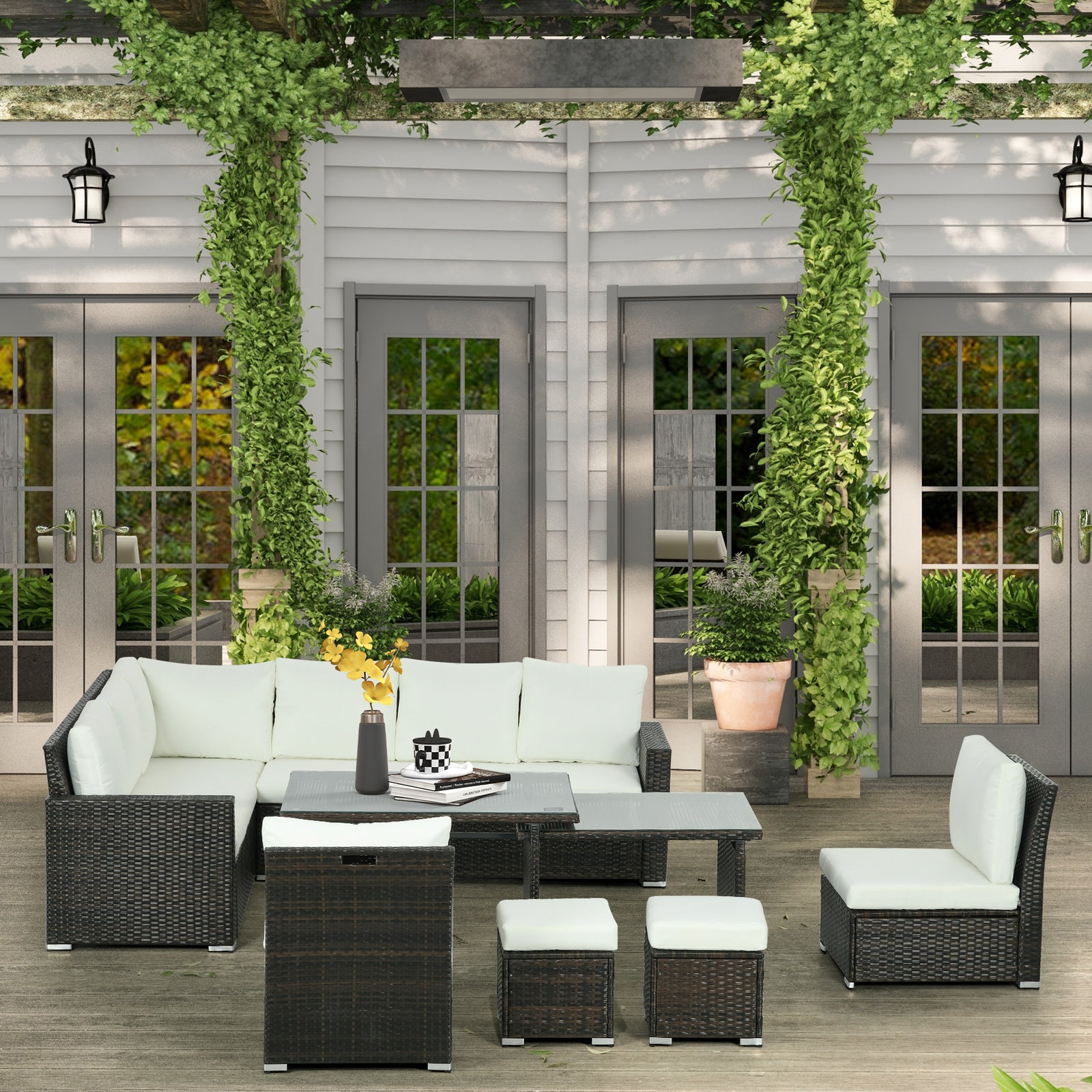 Sofa Sectional W/ Cushioned Seat, Footstools And Glass Table | Cream