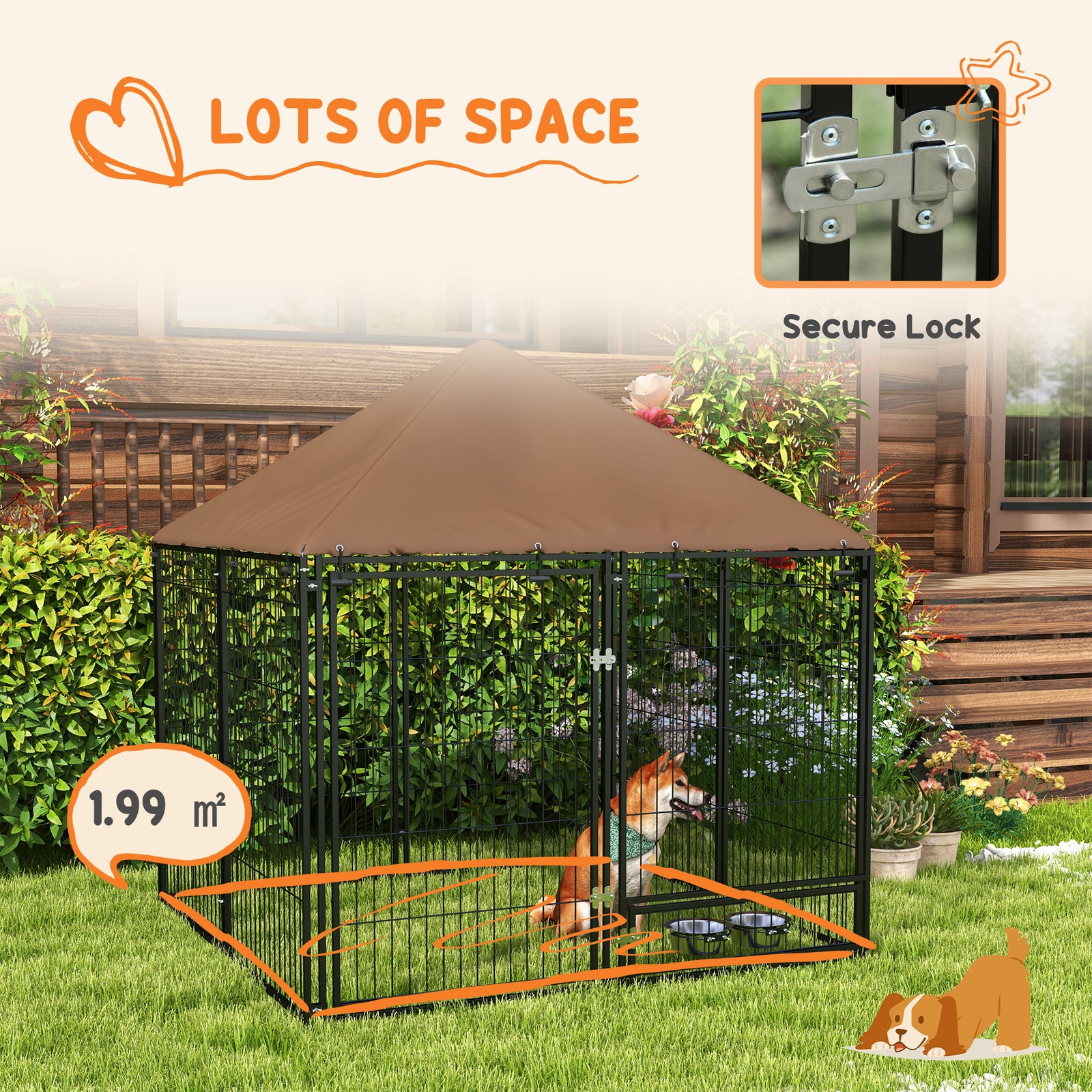 Dog House Kennel W/ Canopy Top, Lock, Bowl Holder