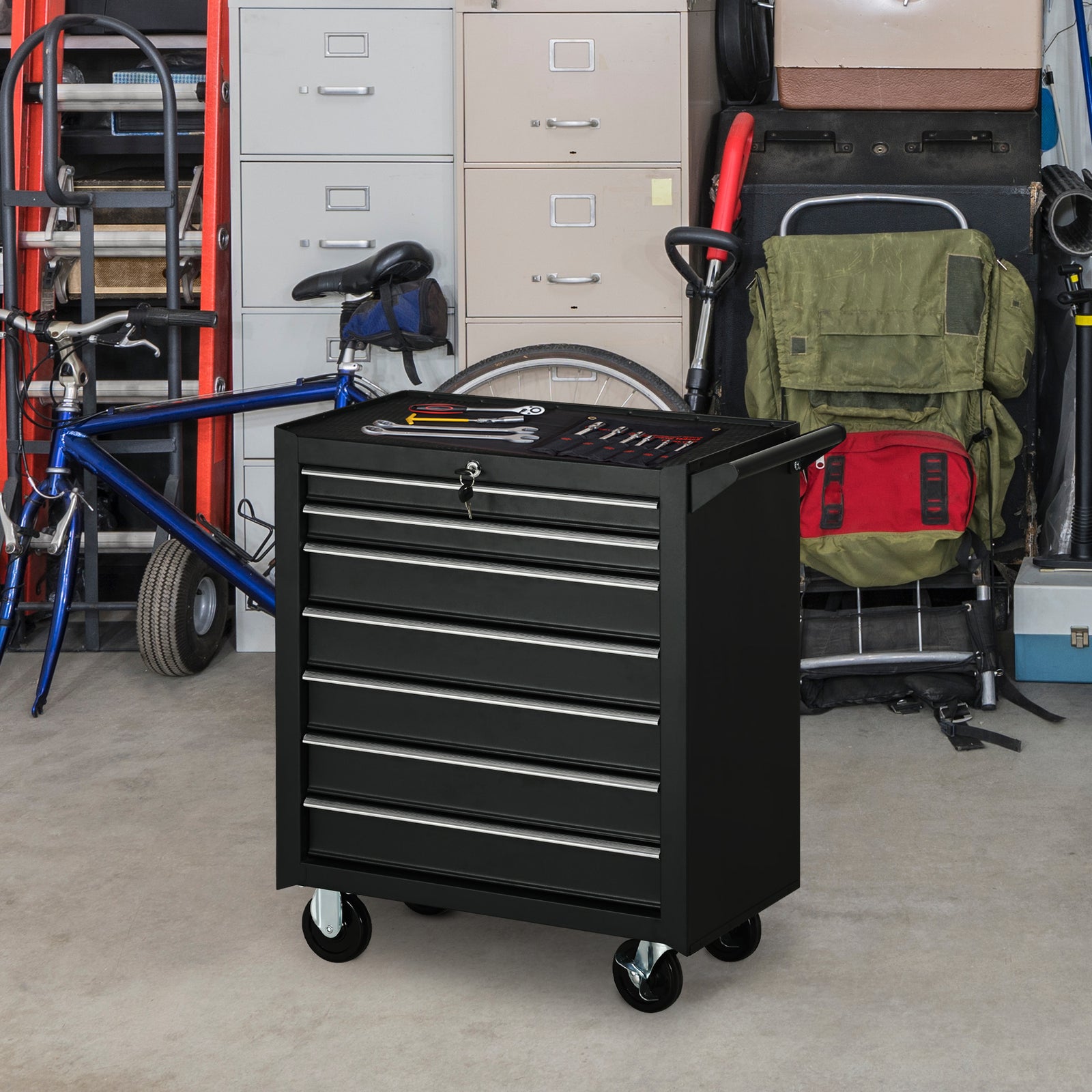 Roller Tool Cabinet, 7 Drawers, Garage | Black