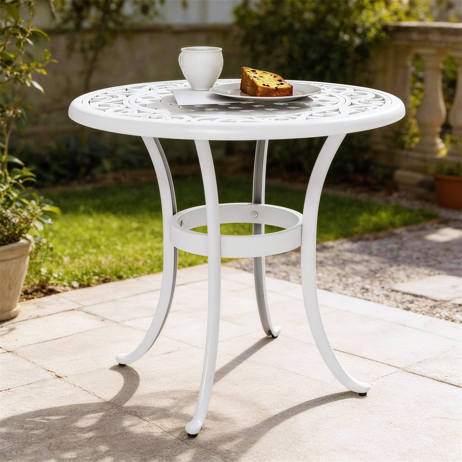 Outsunny 60cm Round Garden Table With Cast Aluminium Frame, White