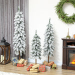 Set Of 3 Flocked Christmas Tree, Pencil Downswept Xmas Tree