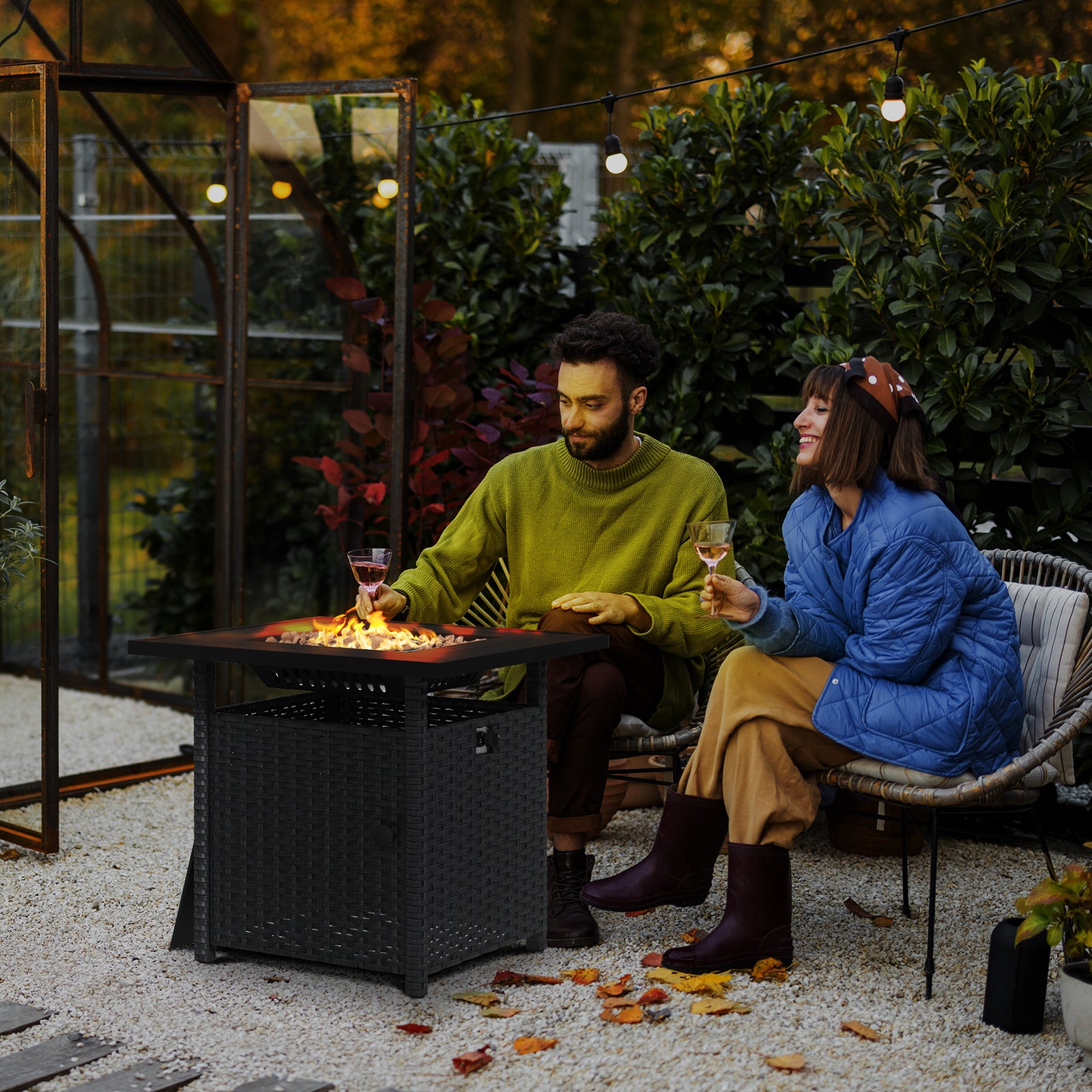 72.5cm Pe Rattan Fire Pit Table For Garden With Rain Cover | Black