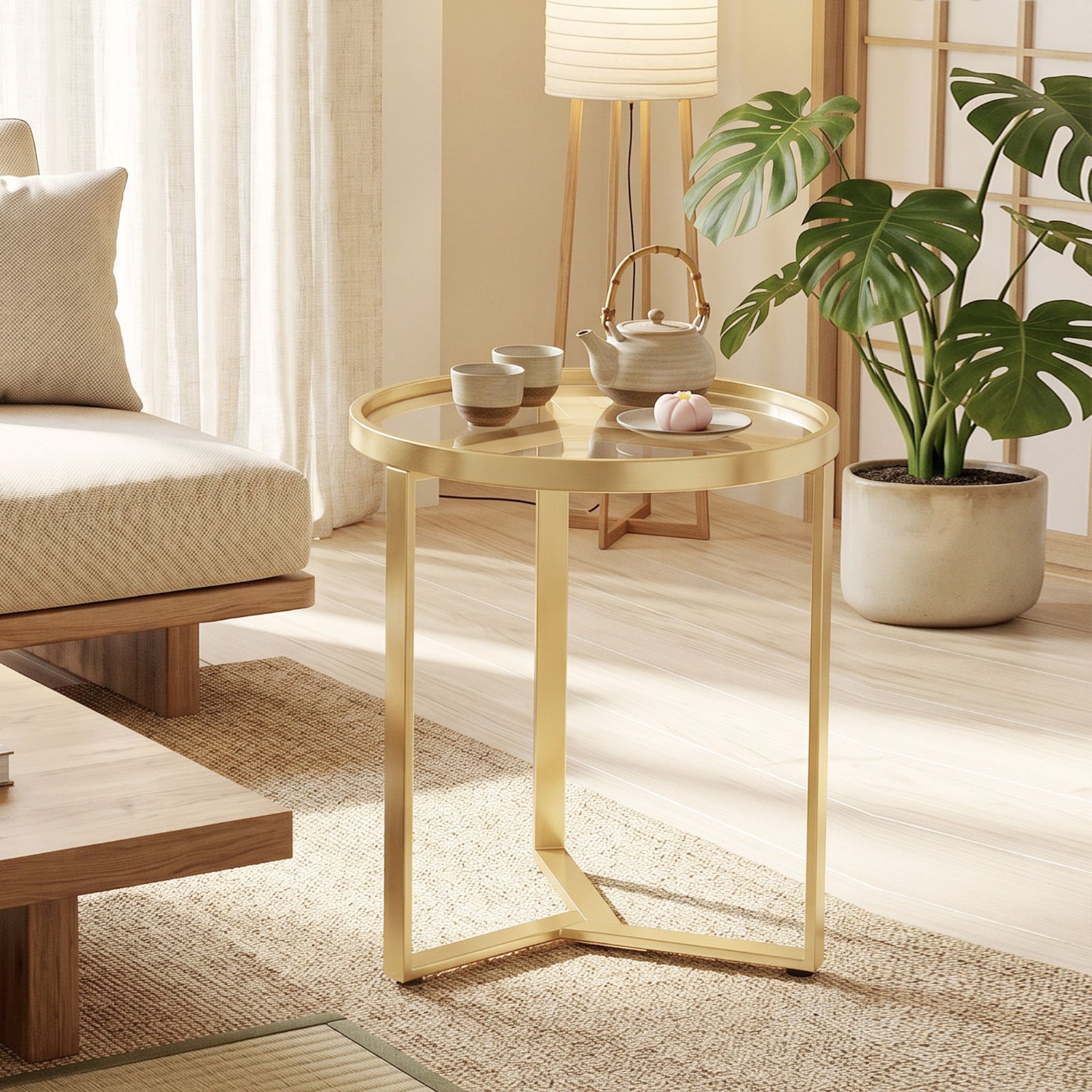 Round Side Table With Tempered Glass Top And Metal Frame | Gold