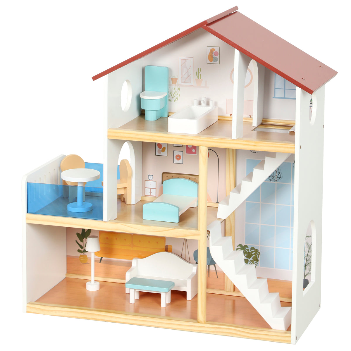 Kids Wooden Dolls House 3 Story With 5 Rooms, 11 Accessories, White