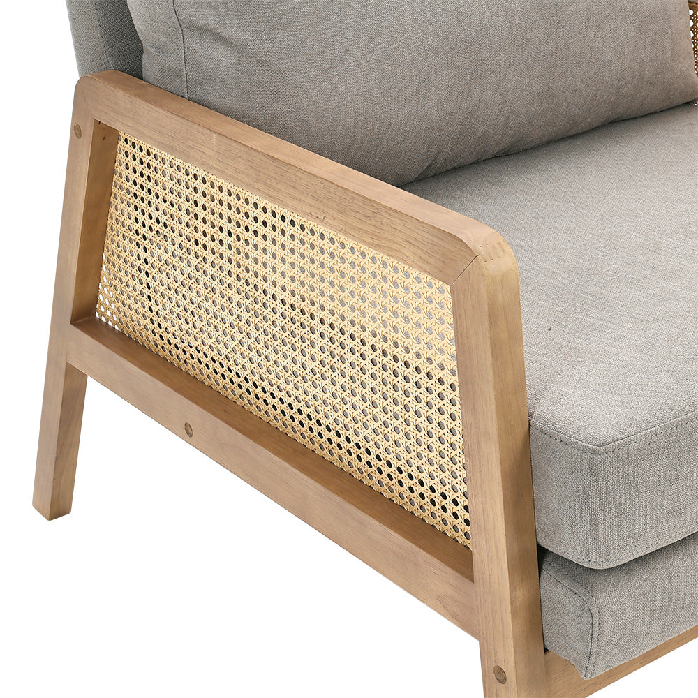 Well-crafted Modern Fabric Armchair With Wooden Frame And Caned Sides, Fluffy Backrest And Thick Cushions | Grey