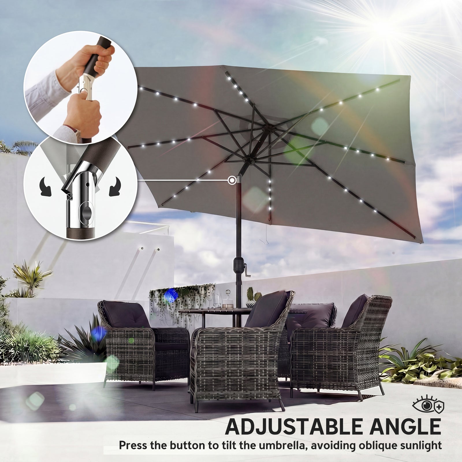 3 X 2 M Garden Parasol Umbrella With Light, Outdoor Patio Umbrella | Dark Grey