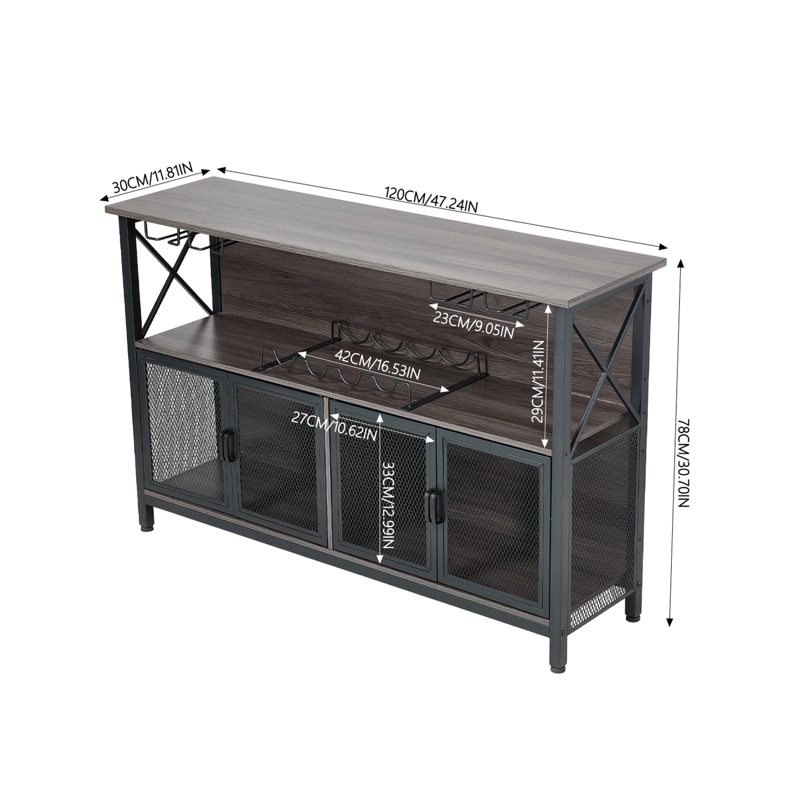 Industrial Wine Bar Cabinet With Metal Frame | Black & Grey