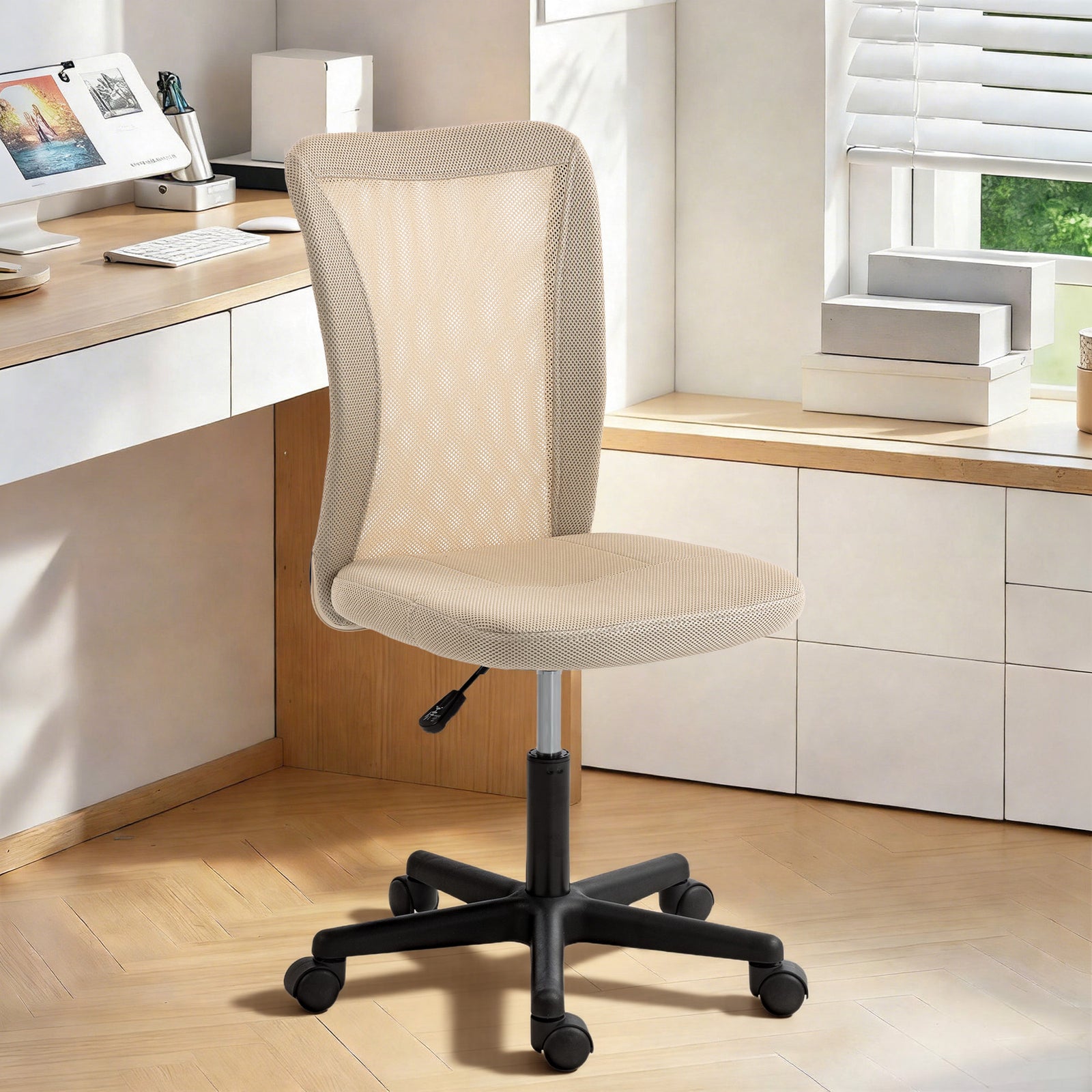 Armless Office Chair, Swivel Desk Chair W/ Adjustable Height | Beige