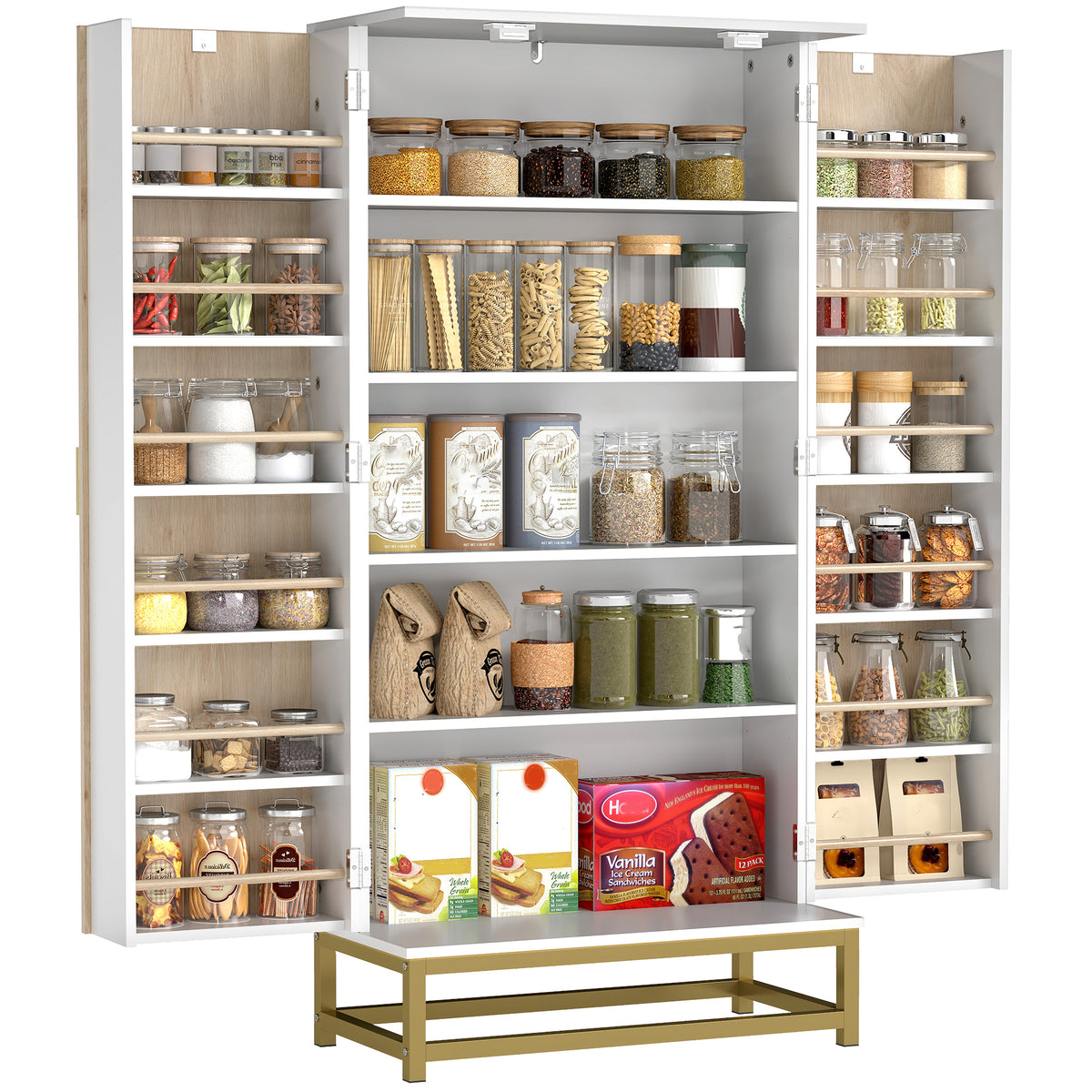 HOMCOM Kitchen Cabinet With Double Doors, 5 Tiers, 12 Spice Racks, White