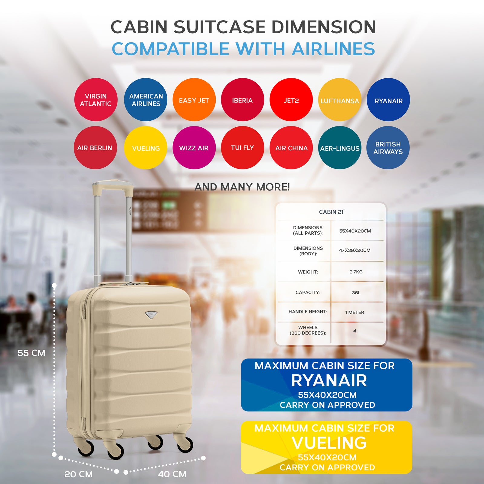 55x40x20cm Lightweight Luggage Hard Shell Cabin Suitcase 60+ Airlines Approved - Carry On Case - 4 Wheels | 55 x 40 x 20cm | Champagne