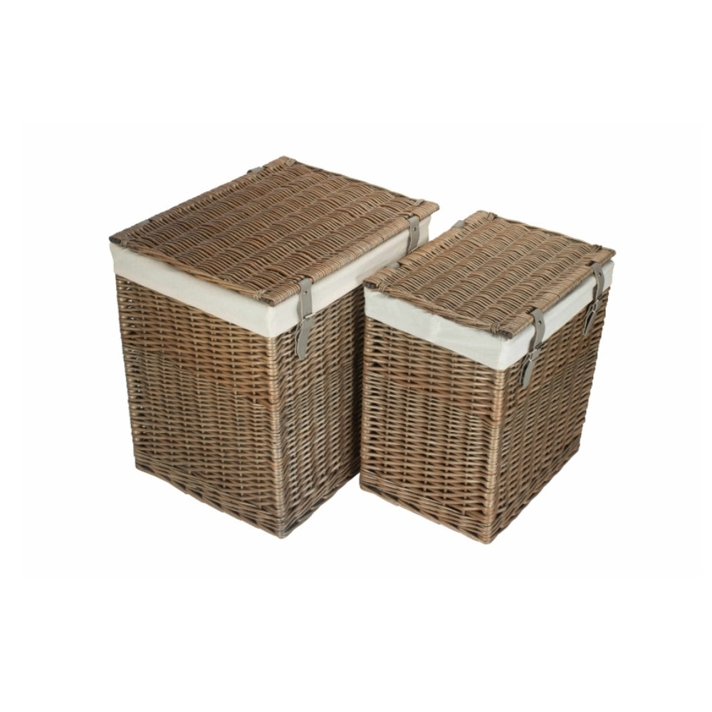 White Cotton Lined Boutique Antique Wash Laundry Baskets | Set-of-2 | Brown