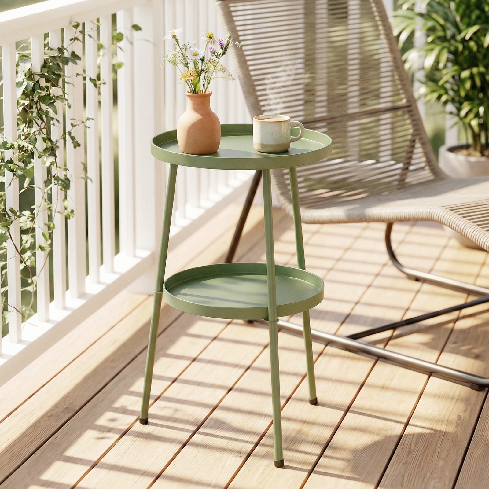 Patio Side Table, 2-tier Round Coffee End Table | Green