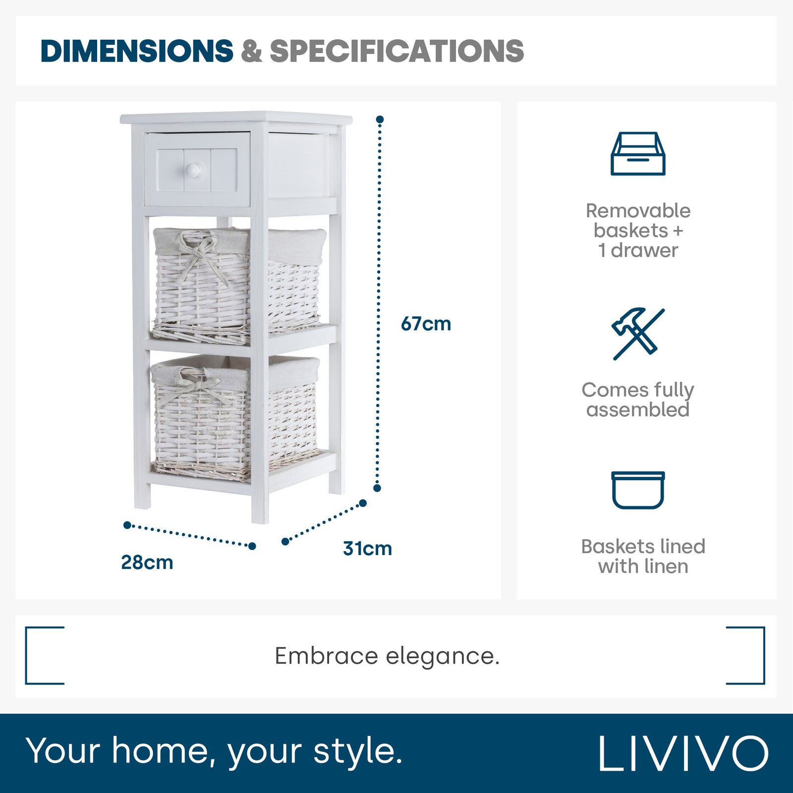 Wicker 2-tier Bedside Table Unit - White
