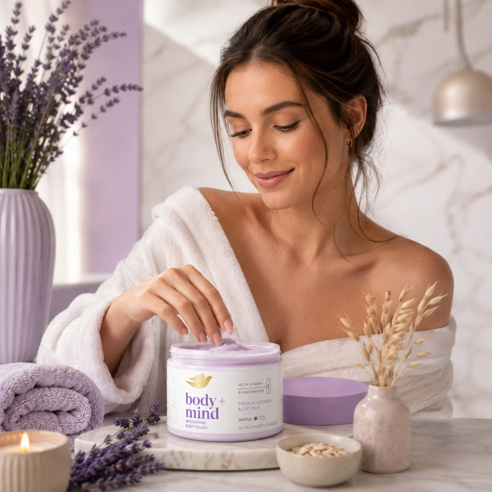 Body + Mind Smoothing Body Scrub, French Lavender & Oat Milk, 295ml | Set-of-6