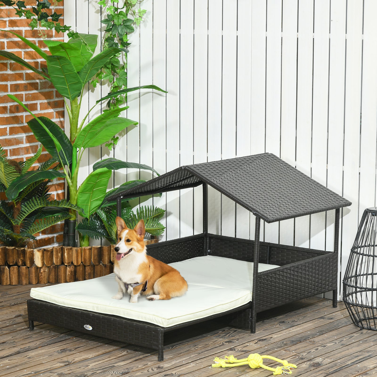 Pawhut Extendable Rattan Dog House W/ Water-resistant Roof, Cushion | Cream