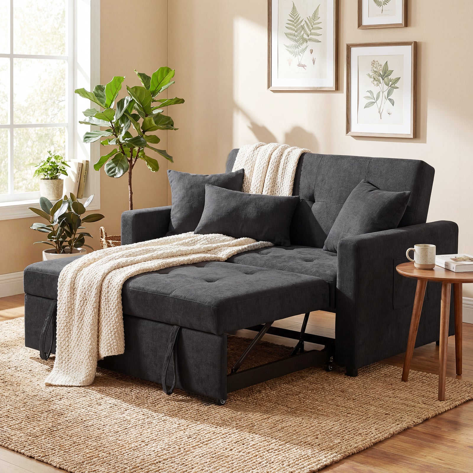 HOMCOM 2 Seater Sofa Bed Convertible Bed Settee With Pillows, Black