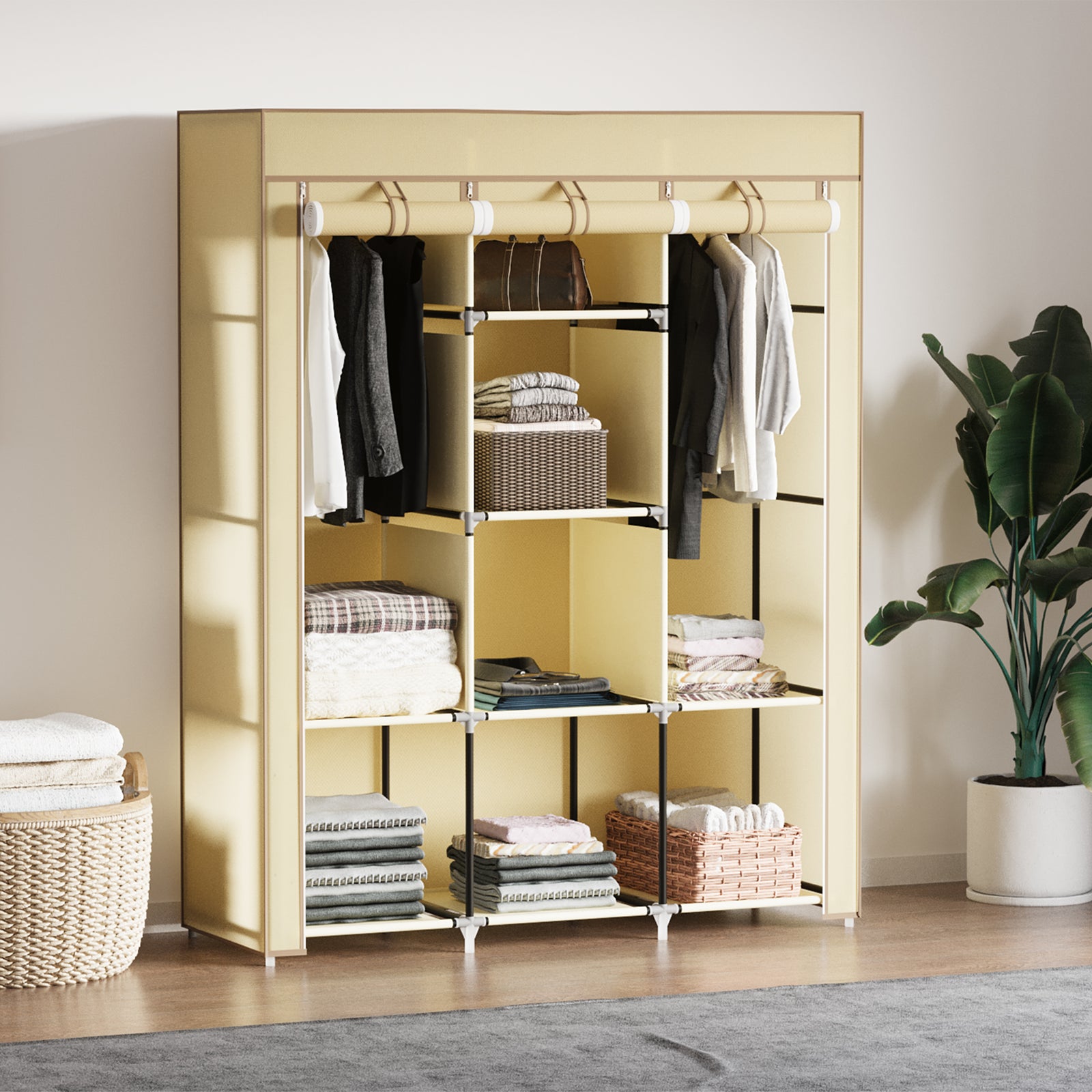 Fabric Portable Wardrobe With 8 Shelves 2 Hanging Rails | Beige