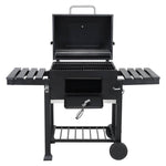 Charcoal BBQ Grill with Lid, Barrel Grill with Warming Rack, Thermometer & Side Shelves, Outdoor Barbecue with Wheels