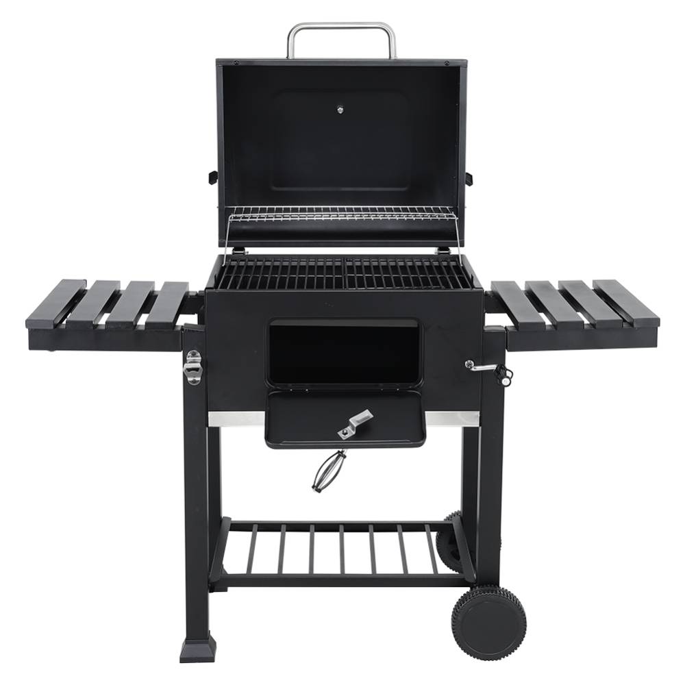 Charcoal BBQ Grill with Lid, Barrel Grill with Warming Rack, Thermometer & Side Shelves, Outdoor Barbecue with Wheels