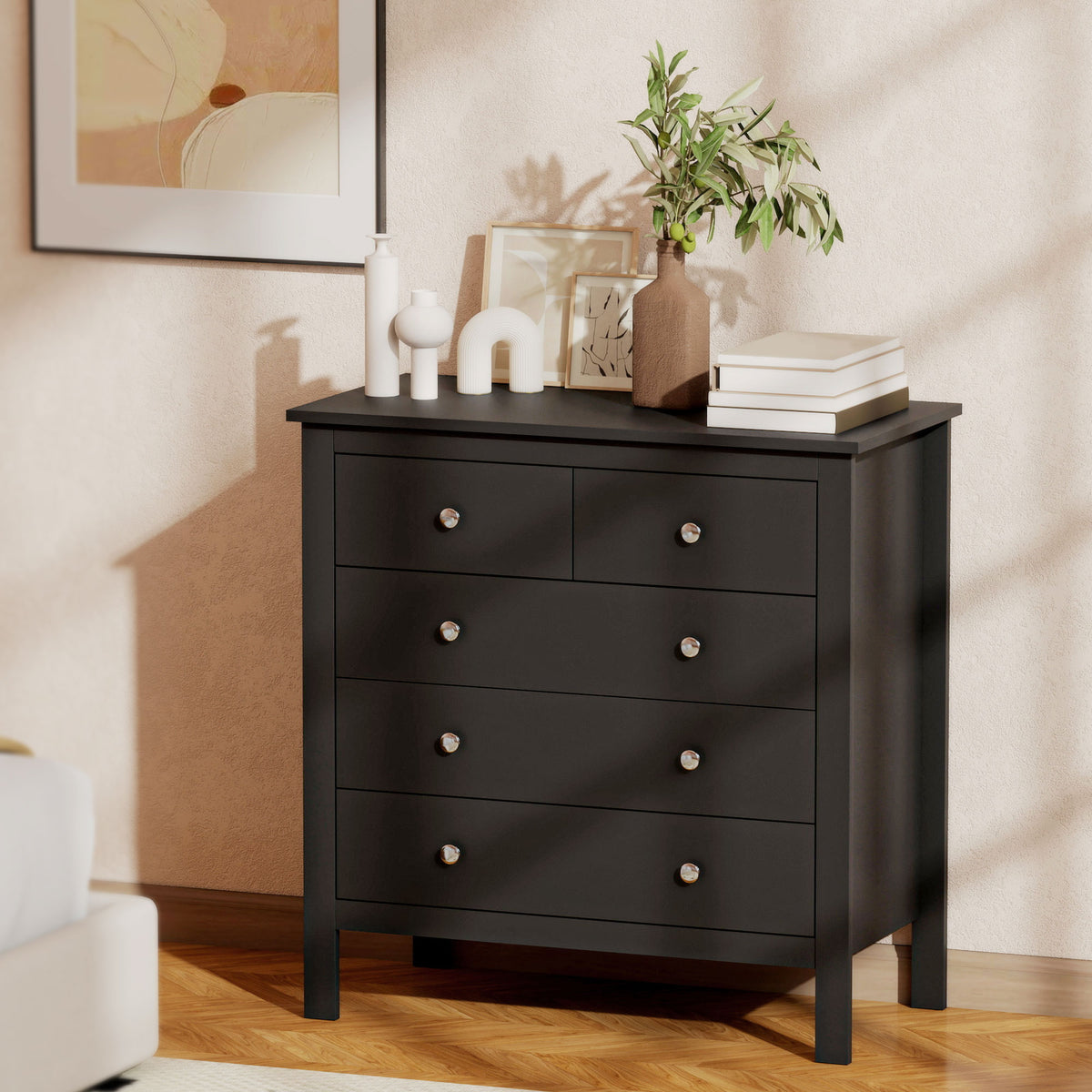 HOMCOM Modern Chest Of Drawers, 5 Drawer Unit Storage Chest For Bedroom, Black