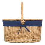 Wicker Oval Lidded Shopping Basket With Navy Blue Lining