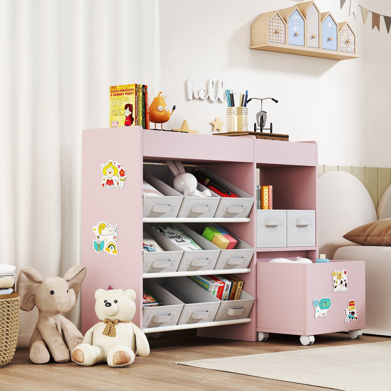 Kids Toy Storage Unit With 11 Fabric Bins, 3 Stickers | Pink
