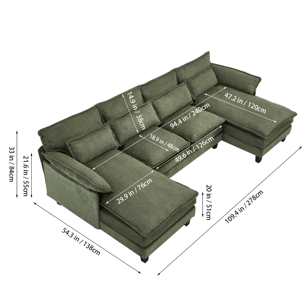 U-shaped Textured Breathable Chenille Sectional Sofa With Dual Chaise – Modular Living Room Couch With Lumbar Cushions | Green