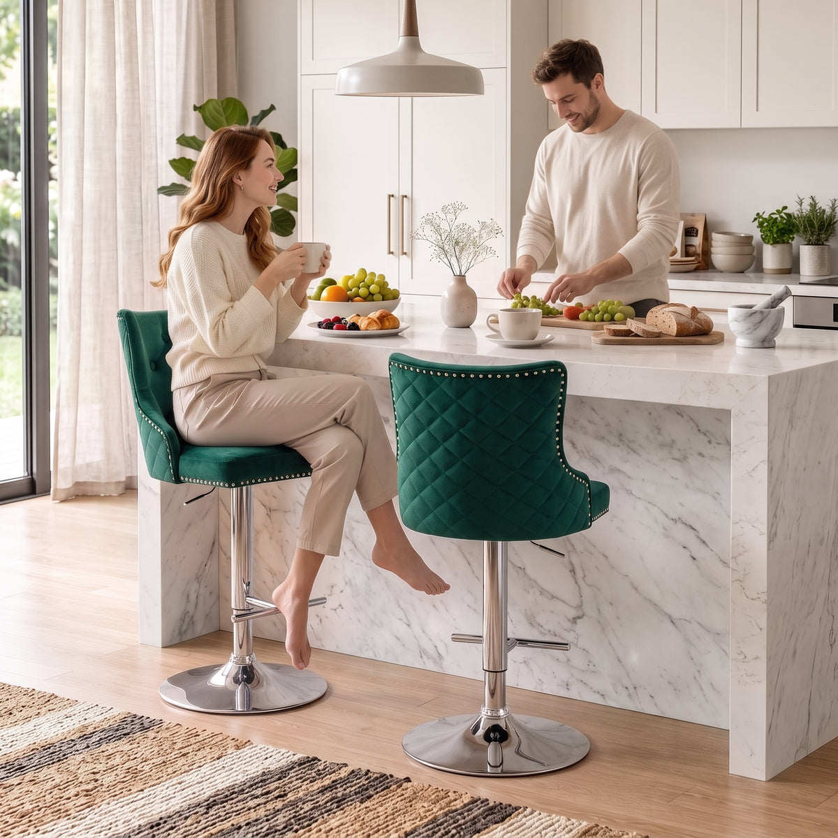 HOMCOM Bar Stools Set Of 2, Swivel Velvet Barstools With Footrest, Green
