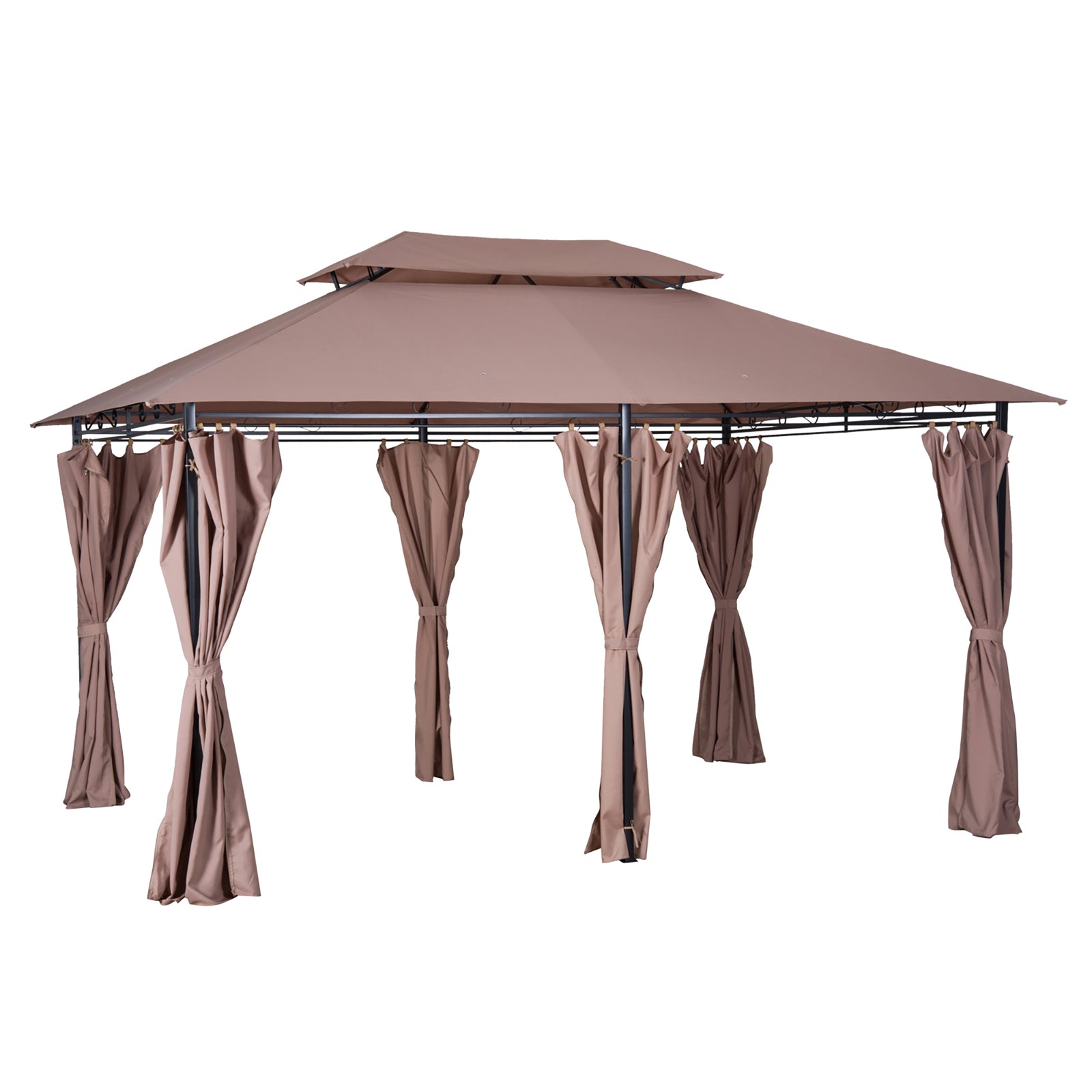 4m X 3(m) Outdoor 2-tier Steel Frame Gazebo W/ Curtains | Brown