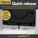 Toilet Seat Soft Close D Shape, Premium Thermoplastic, Quick Release, Top & Bottom Fixings | Black