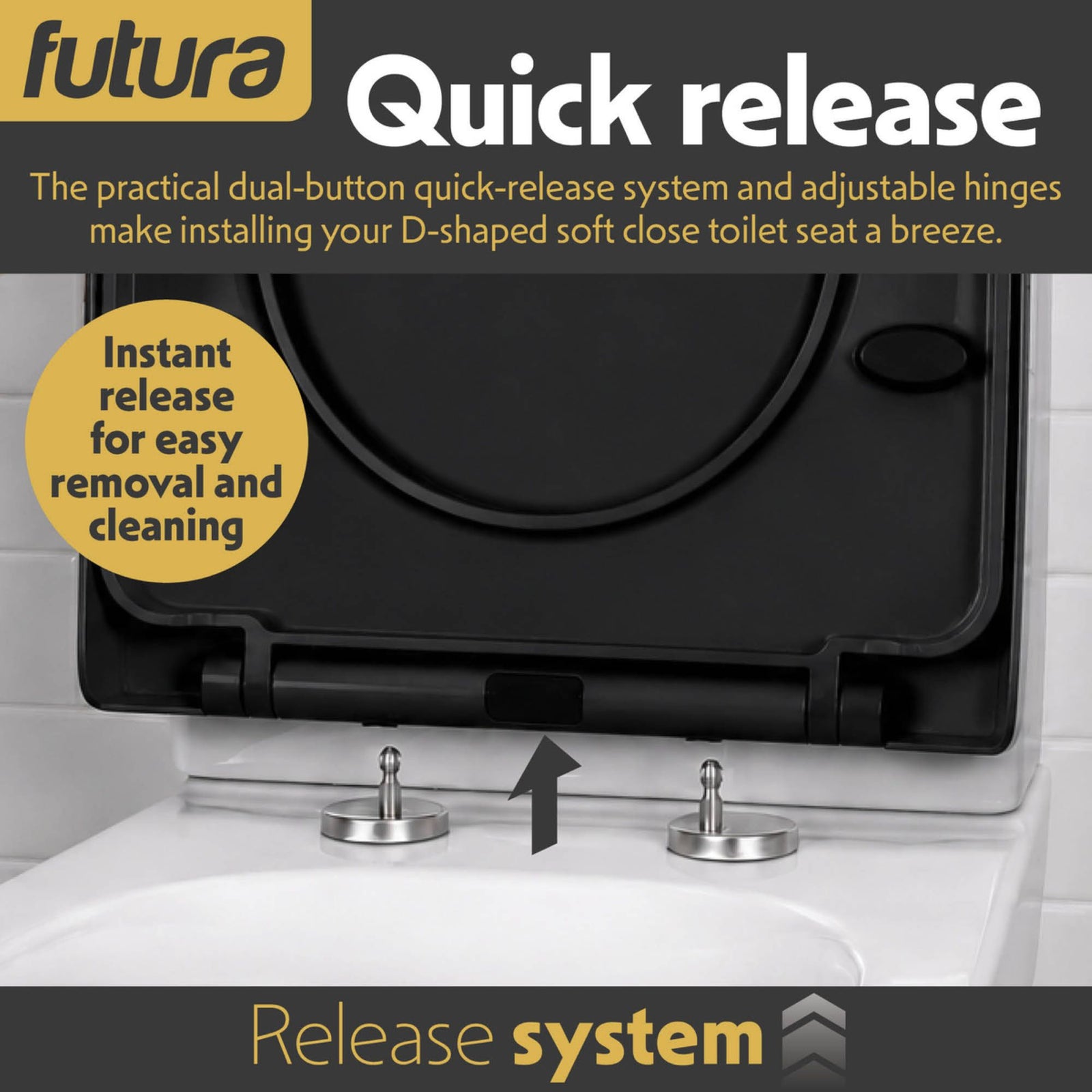Toilet Seat Soft Close D Shape, Premium Thermoplastic, Quick Release, Top & Bottom Fixings | Black