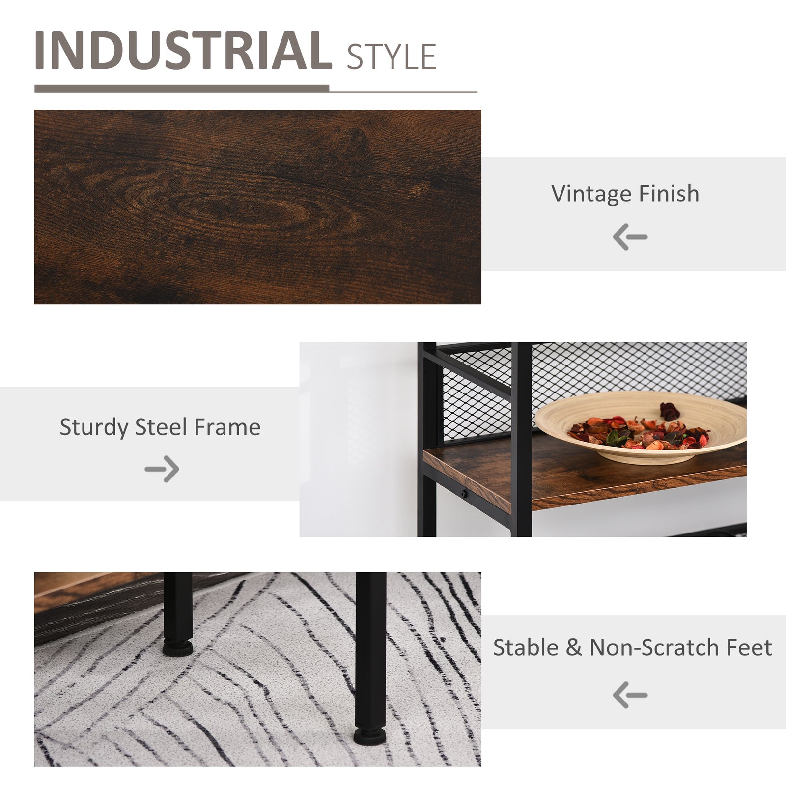 3-tier Industrial Style Storage Shelf Metal Frame Adjustable